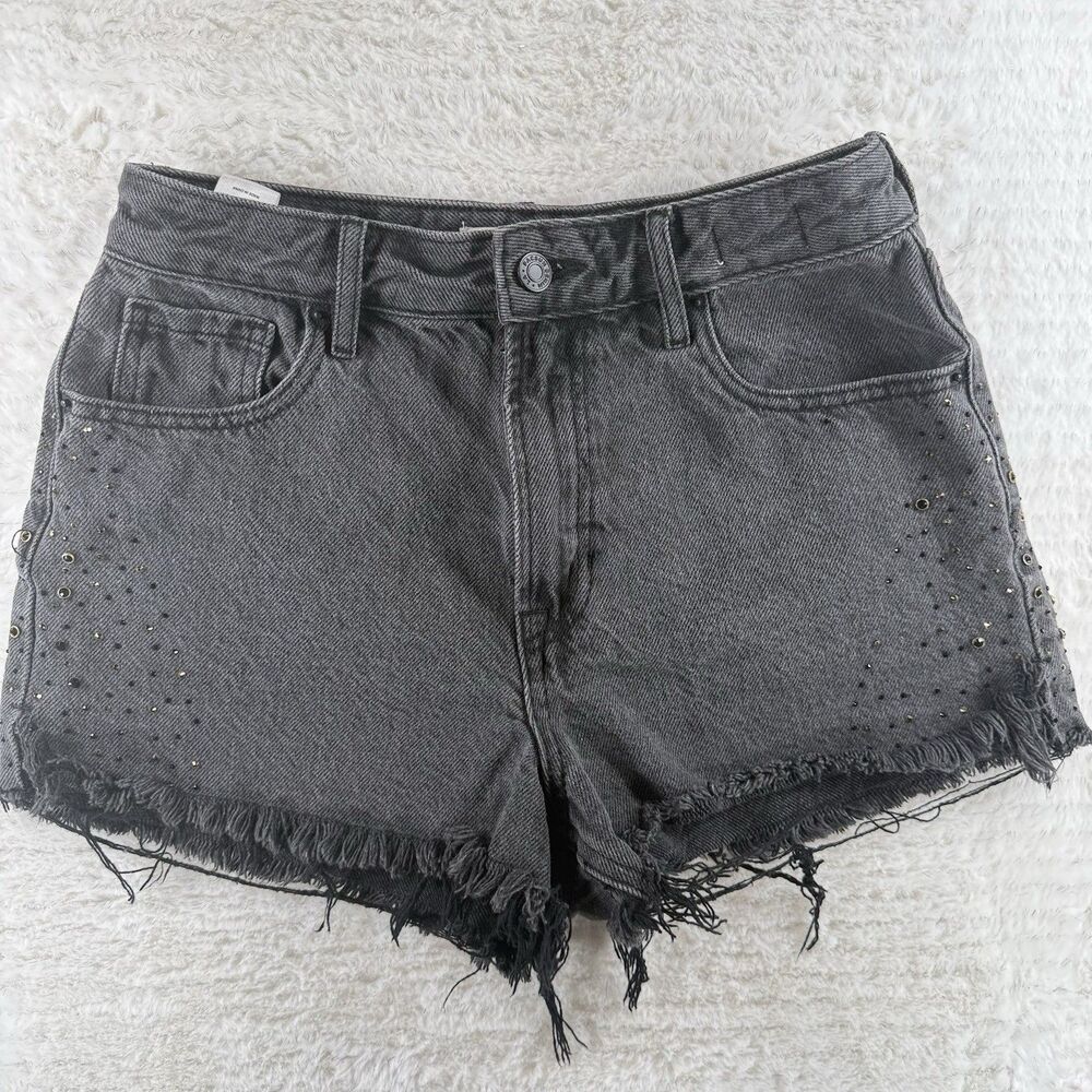 PACSUN High Rise Festival Studded Cutoff Jean Shorts Sz 28 Black Raw Distress